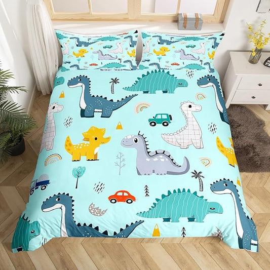 Cute Car Kids Bedding Set King Size for Teens,Cartoon Dinosaur Rainbow Sketch Blue Comforter Cover with 2 Pillowcases,Kawaii Dino Colorful Wild Animal Duvet Cover Set Microfiber Quilt Cover