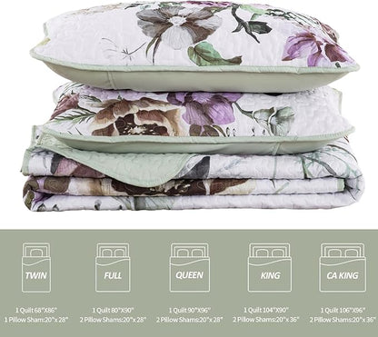 Floral Quilt Set Full 3 Pieces Boho Green Floral Quilt Coverlet Set Soft Microfiber Lightweight Green Quilted Bedspread for All Season 80"x90"