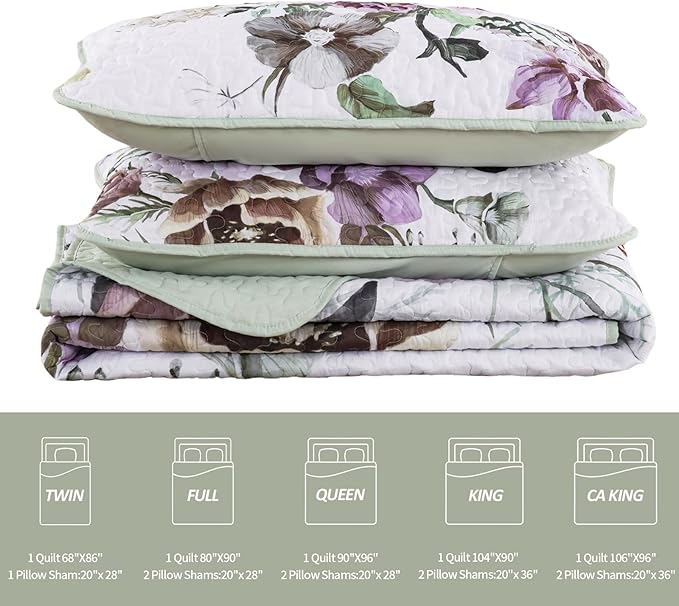 Floral Quilt Set Queen 3 Pieces Boho Green Quilt Coverlet Set Soft Microfiber Lightweight Green Quilted Bedspread for All Season 90"x96"