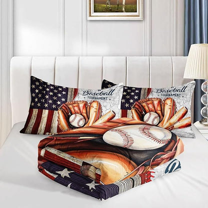 Kids Comforter Set American Flag Baseball Printed Pattern Bedding Set with 1 Comforter and 2 Pillowcases for Girls Boys Bedroom All Season(C-American Flag Baseball02 Queen)