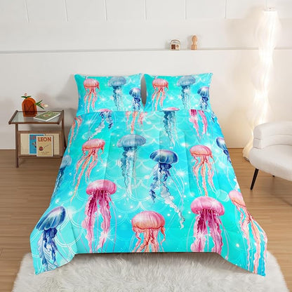 HOSIMA Colorful Jellyfish Comforter Set Full Size,Ocean Animal Theme Bedding Sets for Kids Boys Girls,Blue Fish Scales Glitter Marine Decor Comforter Bedding Collection with 2 Pillowcases.