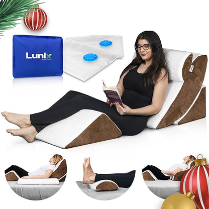Lunix 4pcs Orthopedic Bed Wedge Pillow Set, Post Surgery Memory Foam for Back, Knee, Leg Pain Relief, Adjustable Sitting Pillow for Sleeping, Acid Reflux, GERD, with Hot Cold Pack, Brown