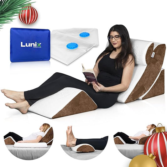 Lunix 4pcs Orthopedic Bed Wedge Pillow Set, Post Surgery Memory Foam for Back, Knee, Leg Pain Relief, Adjustable Sitting Pillow for Sleeping, Acid Reflux, GERD, with Hot Cold Pack, Brown