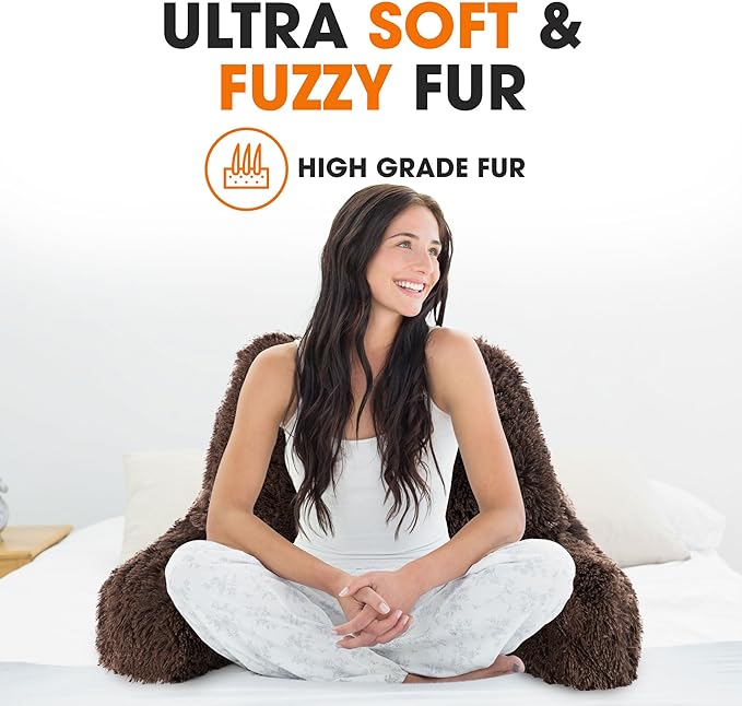 Cheer Collection Fluffy Reading Pillow Chair - Shaggy Hair Chair Pillow with Arms for Bed & Couch, Chocolate