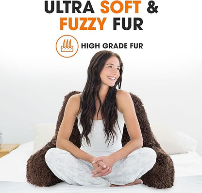 Cheer Collection Fluffy Reading Pillow Chair - Shaggy Hair Chair Pillow with Arms for Bed & Couch, Chocolate