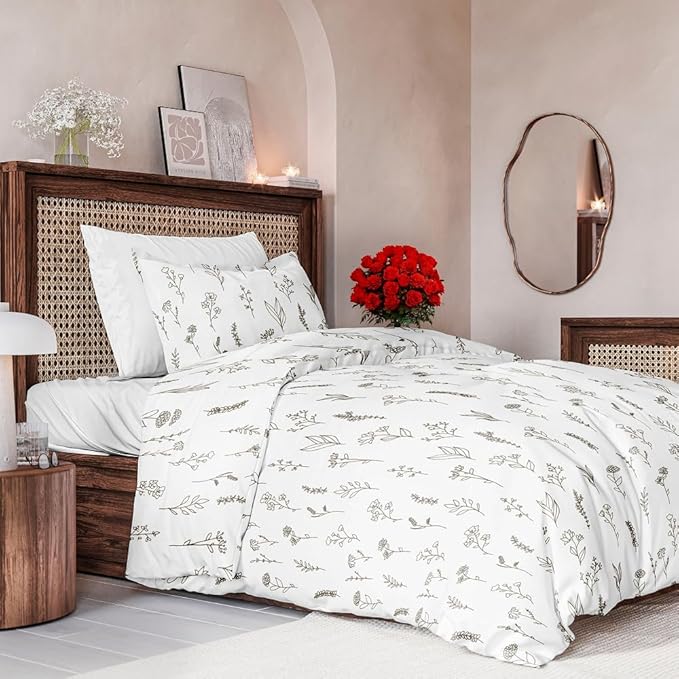 Duvet Cover Twin/Twin XL Size Set - Extra Soft Floral Duvet Cover 68 x 90 with 1 Pillow Sham - Comfy, Breathable Floral Bedding Set - Hotel Luxury & Fade Free with Zipper Closures and Ties - Plants