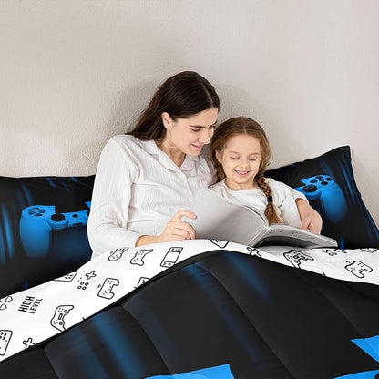 Feelyou Boys Gamer Comforter Set Full Size Bedding Set for Kids Gaming Comforter Blue Black Video Games Gamepad Room Decor for Teens Child Super Soft Geometric Duvet Quilted Son Grandson Gift