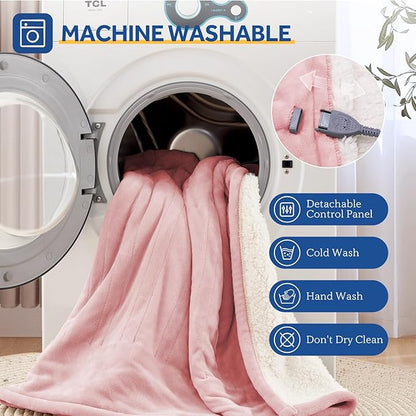Sealy Electric Blanket Throw Size 50"*60",Super Cozy Flannel to Sherpa Reversible Heated Blanket Throw with 6 Heating Levels & 2-10 Hours Auto Off Overheating Protection Machine Washable,Pink