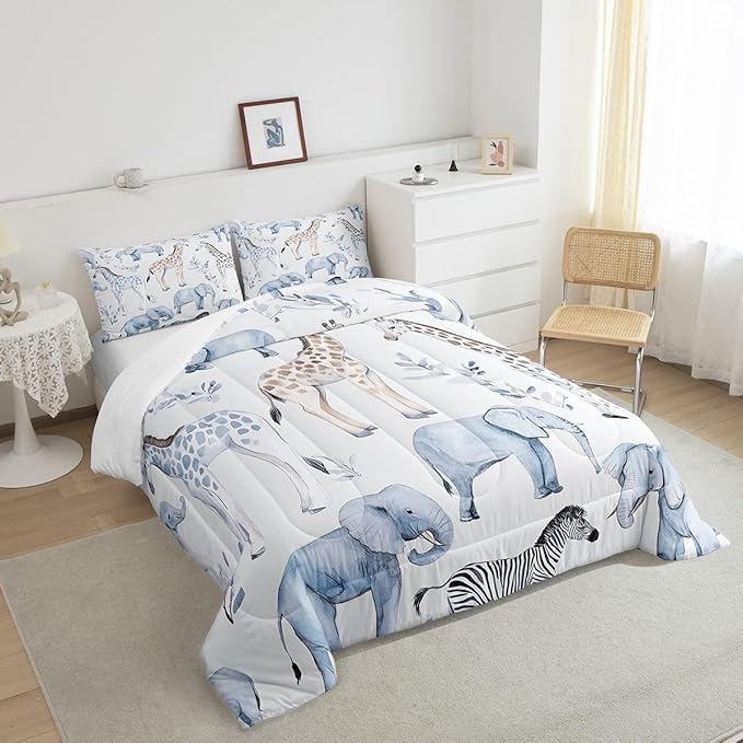 Castle Fairy Elephant Giraffe Bedding Set Twin Size Africa Tropical Animal Comforter Set for Girls Boys Room Decor Watercolor Leaves Down Comforter Wild Zebra Quilt Set with 1 Pillowcase