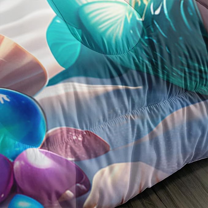 Black Girl Mermaid Comforter Set Full Size, Kawaii Mermaid Bedding Set with Bubble Design for Kids Girl, Ocean Theme Duvet Set with 2 Pillowcases