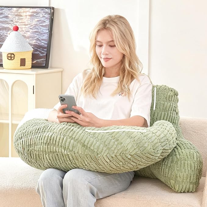 Back Pillow for Bed Sitting Up,U Shaped & Back Support Pillow for Bed,19" Backrest with Lumbar & Arm Support,Comfy Corduroy Fabric,Lap Pillow for Gaming/Reading/Watching TV,Green