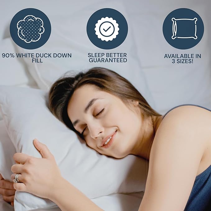 Extra Soft Down Pillow - Great for Stomach Sleepers Pillow - Very Flat - Bed Pillow - White Duck Down - Queen Size