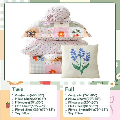 Mooreeke Kids Twin Comforter Sets for Girls 6 Pieces Floral Butterfly Bedding Set for Teens Microfiber Splice Block Flower Kids Bed in A Bag with Comforter, Sheet Set, Shams and Decorative Toy Pillow