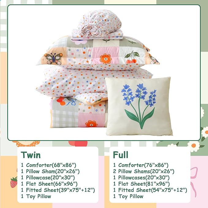Mooreeke Kids Full Comforter Sets for Girls 8 Pieces Floral Butterfly Bedding Set for Teens Microfiber Splice Block Flower Kids Bed in A Bag with Comforter, Sheet Set, Shams and Decorative Toy Pillow