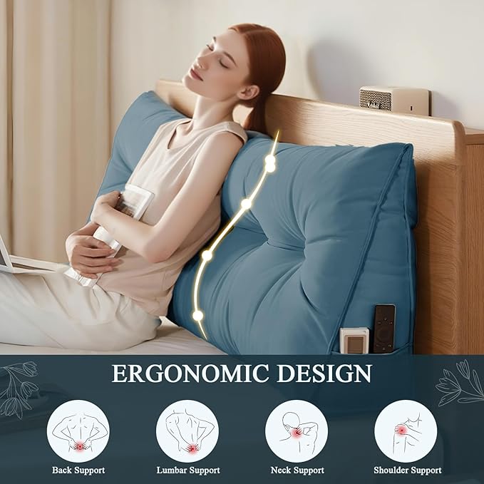 Headboard Pillow Queen, Large Triangular Wedge Headboard Pillow for Reading and Resting, Backrest Positioning Support Pillow with Removable Cover (Light Blue)