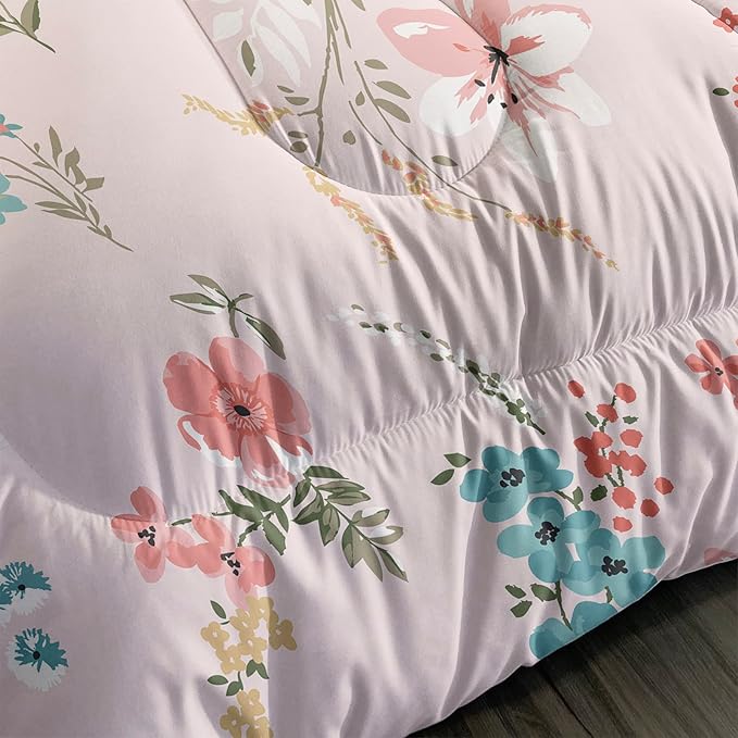 QOOMO Floral Comforter Set, Queen Size, Pink Floral, 3 Pcs Bedding Set, Printed Comforter with 2 Pillowcases, Down Alternative, Soft and Lightweight, All Seasons