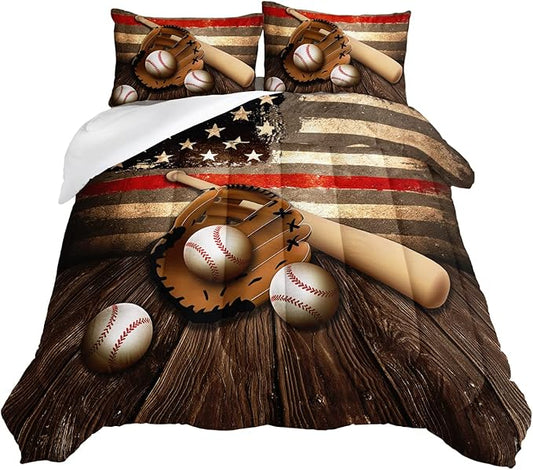HOSIMA American Flag Baseball Bedding Set, Brown Sports Theme Baseball Comforter Set,Stars and Stripes Softball Quilt Set with 2 Pillowcases for Boys Room Decor,Full Size Comforter Sets for Teens.