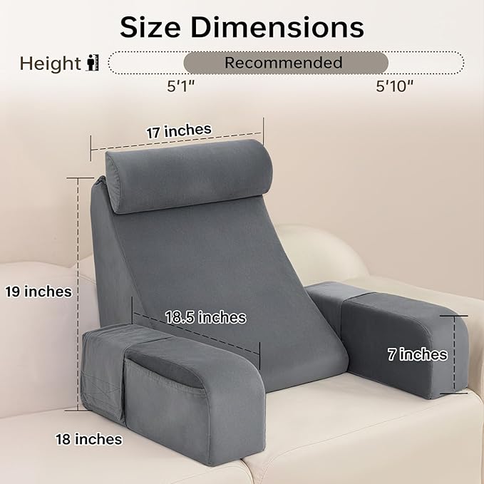 ENITYA Reading Pillow for Sitting in Bed Adult, 19" Back Support Pillow for Bed Sitting up, Backrest Cushion for Reclining,Gaming,Resting,Watching TV in Couch or Floor, Wedge with Arms, Medium(Grey)
