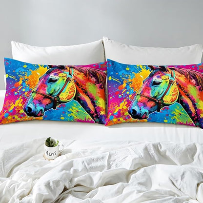 Castle Fairy Colorful Horse Duvet Cover Set Queen Size,Modern Abstract Graffiti Bedding Set 3pcs for Kids Girls Boys Room Decor,Boho Exotic Art Comforter Cover Wild Animals Quilt Cover,2 Pillowcases