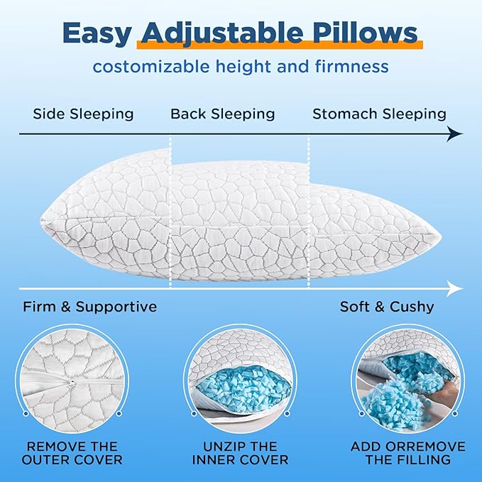 SUPA MODERN Cooling Bed Pillows for Sleeping 1 Pack Shredded Memory Foam Pillows Adjustable Cool Pillow for Side Back Stomach Sleepers Luxury Gel Pillows King Size with Washable Removable Cover