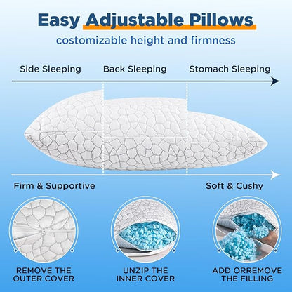 SUPA MODERN Cooling Bed Pillows for Sleeping 2 Pack Shredded Memory Foam Pillows Adjustable Pillow for Side Back Stomach Sleepers Luxury Gel Pillows Queen Size Set of 2 with Washable Removable Cover