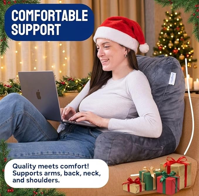 ComfortSpa Reading Pillow for Bed Adult Size, Back Rest Pillow with Arms, Pockets and Washable Cover; Use as a Back Pillow for Bed Sitting Up for Bedrest or Relief from GERD Heartburn (Large Grey)