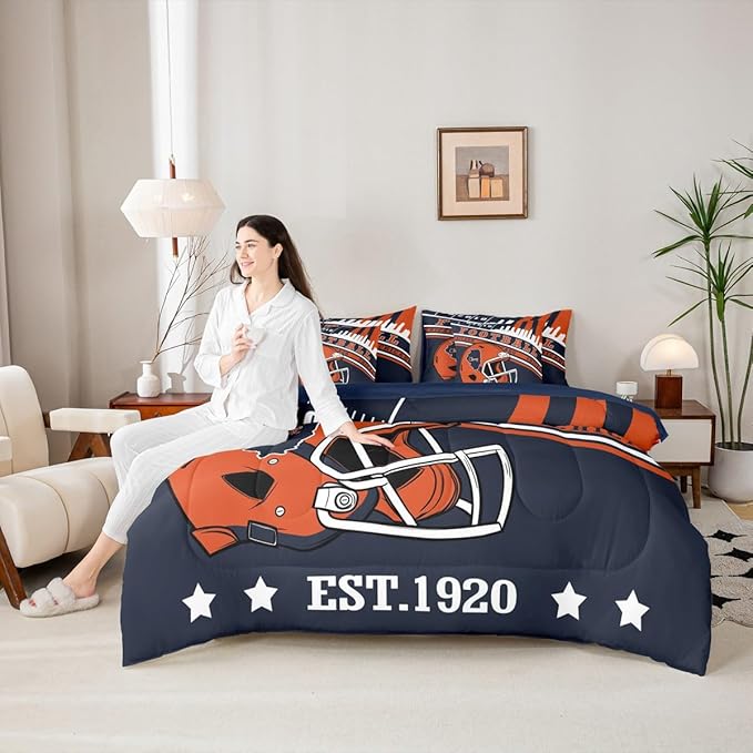 American Football City Helmet Bedding Sets King, 3D Sports Football Game Comforter Orange Navy Football Comforter + Flat Sheet + Fitted Sheet + 2 Pillowcases + 2 Throw Pillow Covers (Chicago)