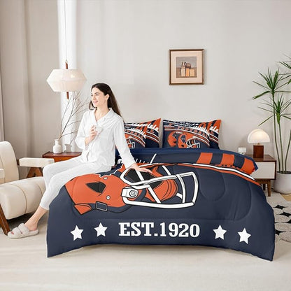 American Football City Helmet Bedding Sets King, 3D Sports Football Game Comforter Orange Navy Football Comforter + Flat Sheet + Fitted Sheet + 2 Pillowcases + 2 Throw Pillow Covers (Chicago)