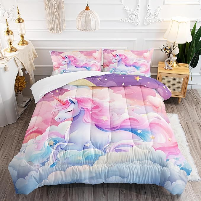 Kid Unicorn Comforter Set Full Size 3Pcs Pink Galaxy Bedding Set Glitter Star Cloud Love Quilt Bed Set for Boys Girls with 1 Comforter and 2 Pillowcases