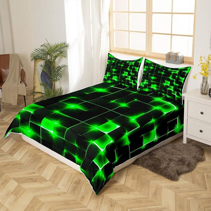 Castle Fairy Bedding Set Twin Size,3D Modern Abstract Square Grid Comforter Cover Set for Kids Girls,Green Neon Light Geometric Print Bedding Quilt Cover Set Bedroom Decor, 2 Pcs
