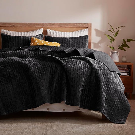 LEAONME Velvet Quilt Set Full/Queen Size 90''x98'', Lightweight Black Velvet Comforter Set with 2 Matching Shams, Soft Cross Stitch Bedspread Coverlet Bedding Set for All Season