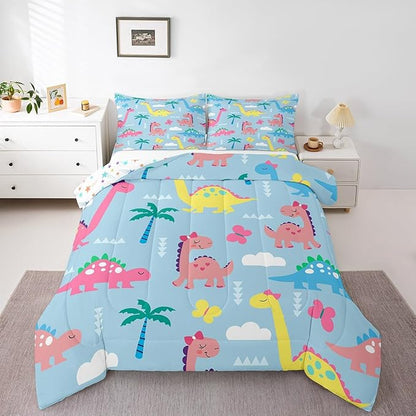Cute Dino Kids Comforter Set King Size,Cartoon Dinosaur Kawaii Wildlife Reversible Bedding Set All Season Quilt,Lovely Cloud Butterflies Blue Microfiber Polyester Down Comforter