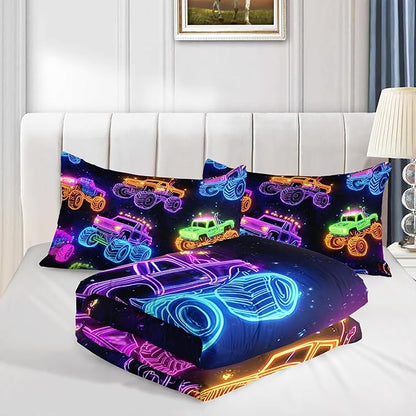 Colorful Neon Off-Road Racing Truck Comforter 3Pcs Queen Cool Speed Race Car Bedding Set for Kid Teen Girl Boy Adult Automobile Extreme Sport Game Quilt Bed Decor with 1 Comforter&2 Pillowcases