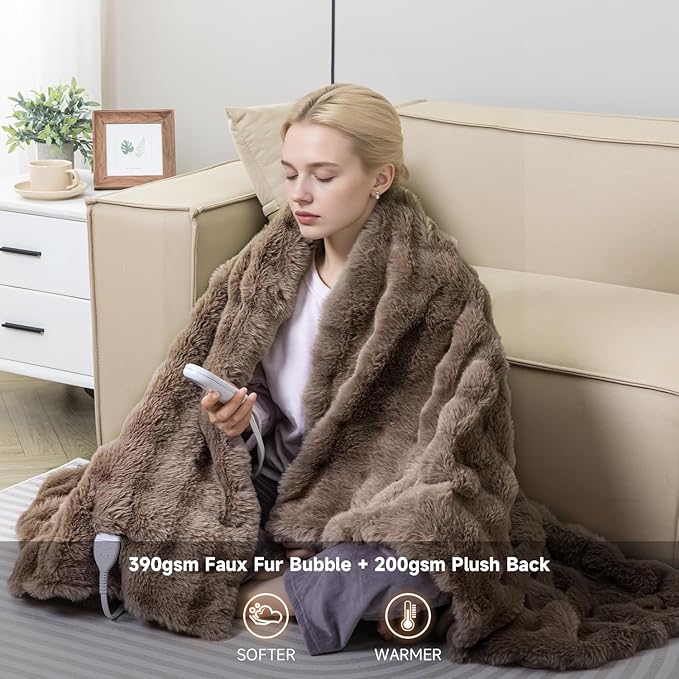 Heated Blanket Electric Queen- 84"x90" Soft Thick Bubble Electric Blanket for Sofa with 5 Heat Levels & 10 Hours Auto-Off Overheat Protection, Warm Cozy Gifts, Beige