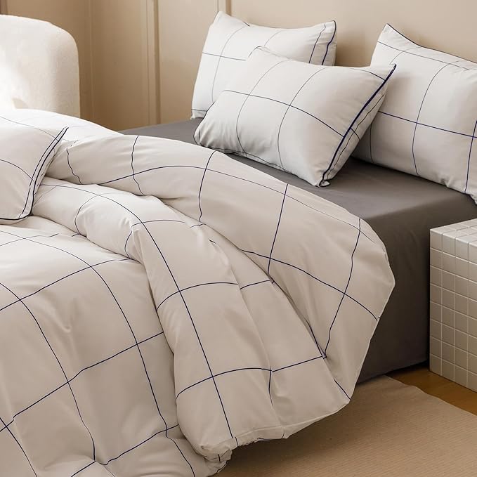 Wellboo Plaid Comforter Set King Blue White Grid Checkered Bedding Comforter for Women Men Navy Blue Buffalo Check Grid Quilt Soft Warm Modern Preppy Geometric Gingham Bedding