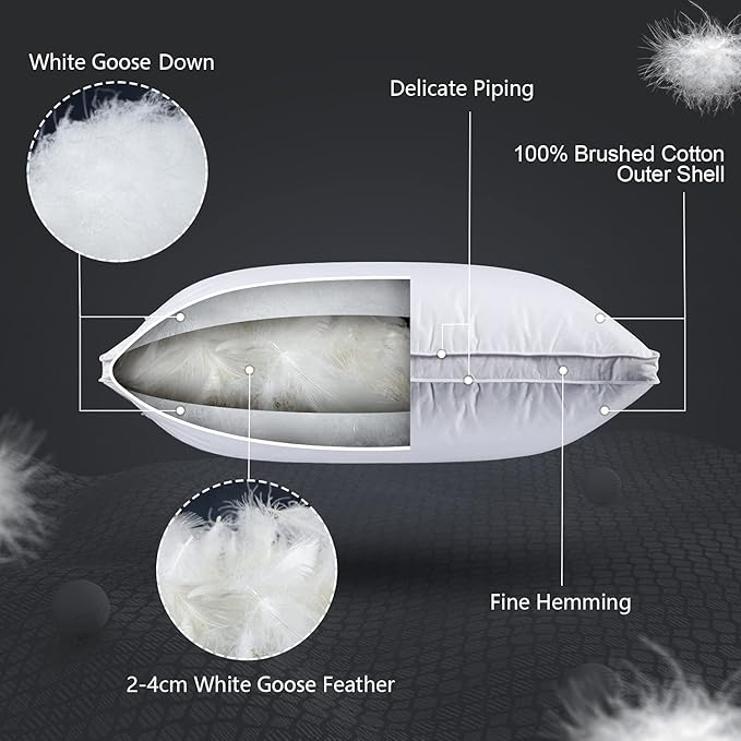 Feather and Down Pillows for Sleeping(2 Pack), King(20inx36in) - White Goose Down Feather Bed Pillow Inserts, 100% Cotton Cover,Lightweight, Fluffy Sleeping Pillows for All Sleepers
