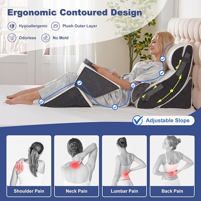 6PCS Multi-Functional Bed Wedge Pillow Kit - 7-in-1 Orthopedic Support for Back/Neck/Legs, Post Surgery Recovery & Sitting Up in Bed, Post Surgery Foam for Body, White Grey