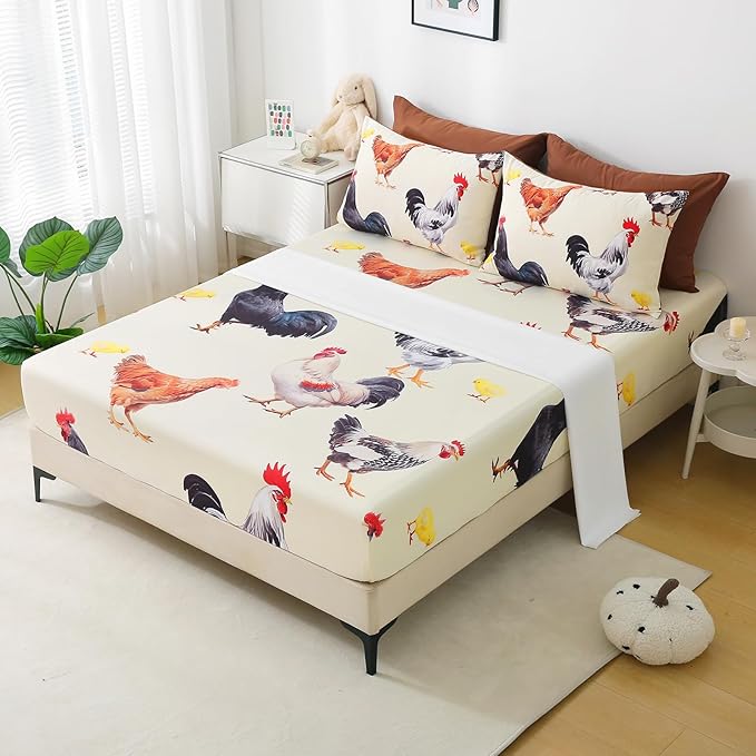 Wajade Chicken Comforter Set 7 Pcs Animal Theme Bedding Set Twin Size for Kids Adults Chicken Quilt Farm Theme Printed Pattern for Thanksgiving Birthday
