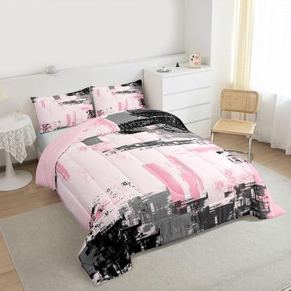 Feelyou Abstract Bedding Set Kids Modern Abstract Art Comforter Set Pink Black Comforter for Boys Room Decor Lightweight Retro Duvet Set Queen Size with 2 Pillow Case