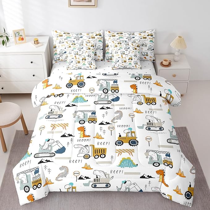 Feelyou Construction Comforter Set with Sheets 7 Piece Twin Size Equipment Trucks Bedding Set Dinosaur Bed in a Bag 3D Digital Print Yellow Bed Set with Comforter,Sheets,Pillowcases,Cushion Covers