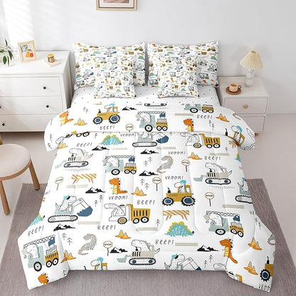 Feelyou Construction Comforter Set with Sheets 7 Piece Twin Size Equipment Trucks Bedding Set Dinosaur Bed in a Bag 3D Digital Print Yellow Bed Set with Comforter,Sheets,Pillowcases,Cushion Covers