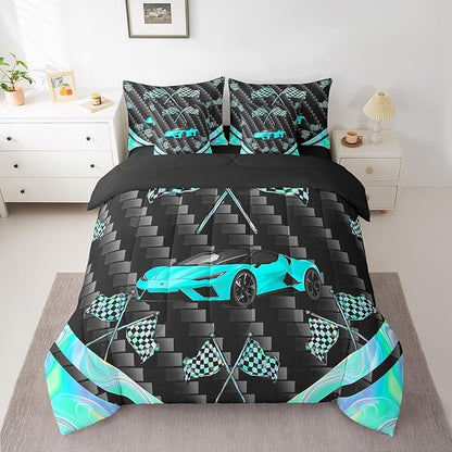 Feelyou Teal Race Car 7 Piece Bedding Set Queen Size Extreme Sports Comforter Set with Sheets for Kids Teens Adult Fast and Furious Bed in a Bag Dazzling Flag Bed Set