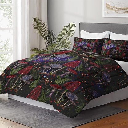 Full Size Comforter Set with 2 Pillowcases, Mushroom Gothic Fern 3 Pcs Soft Bedding for Kids and Adults, Vintage Leaf Retro Plant Comforter Set for Room Bedroom Bed Decor