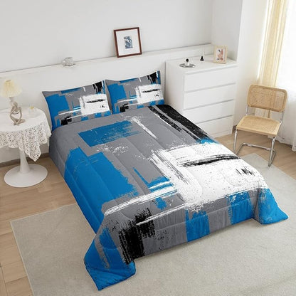 Feelyou Abstract Bedding Set Comforter Set for Kids Boys Children Modern Abstract Art Comforter Ultra Soft Decor Blue Grey White Duvet Set Full Size