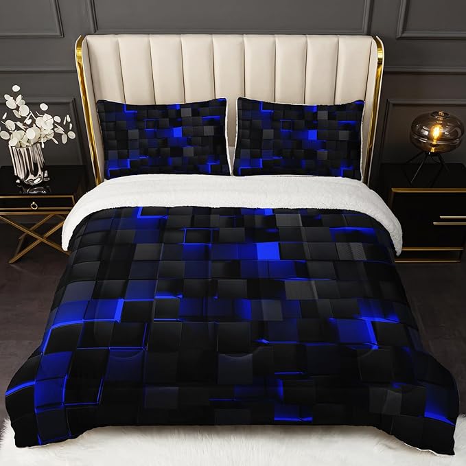 QOOMO 3D Abstract Geometric Sherpa Comforter Set, Blue Black Neon Light Honeycomb King Size Bedding Set, Ultra Soft and Cozy Sherpa Fleece Comforter, 1 Comforter 2 Pillowcases All Season