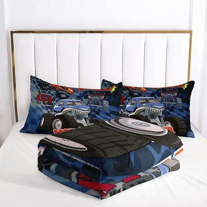 AILONEN Truck Comforter Set Twin Size, 3D Monster Truck on Blue Background Theme Bedding Set for Kids Boys Girls All Season,Soft Microfiber,3 Pieces,1 Quilt and 2 Pillowcases