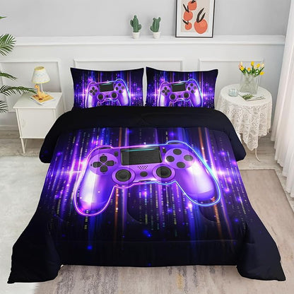 3D Gamepad Comforter Set Cool Purple Game Printed Bedding Set with 1 Comforter and 2 Pillowcases for Boys and Girls Bedroom All Season(Gamepad Full)