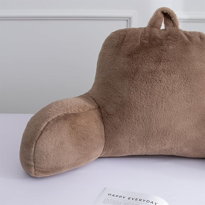 A Nice Night Faux Fur Soft Reading Pillow Bed Wedge Adult Backrest with Arms Back Support for Sitting Up in Bed/Couch for Bedrest,Khaki,Large