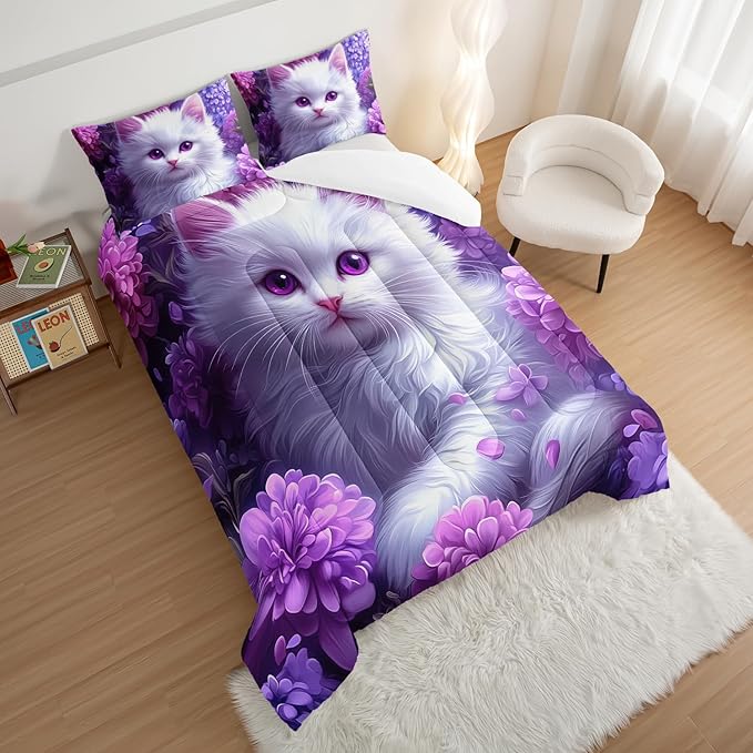 HOSIMA Cat Queen Bedding Sets for Girls Room Decor,Cat Surrounded by Flowers Print Lightweight Cute Comforter,Fluffy Animal Themed Princess Bedding for Kids Teens with 2 Pillowcases.