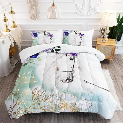 Floral Kid Galloping Horse Comforter Set Full Animal Theme Handsome Horse Bedding Set Decorated with Green and Gold Leaves for Boys Girls Adult, 1 Comforter + 2 Pillowcases